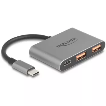 USB-keskitin DELOCK 64337 — USB 3.2 Gen 2 Type-C isäntä, 3 porttia (Type-C + 2× Type-A), 10 Gbit/s, harmaa, metallikotelo