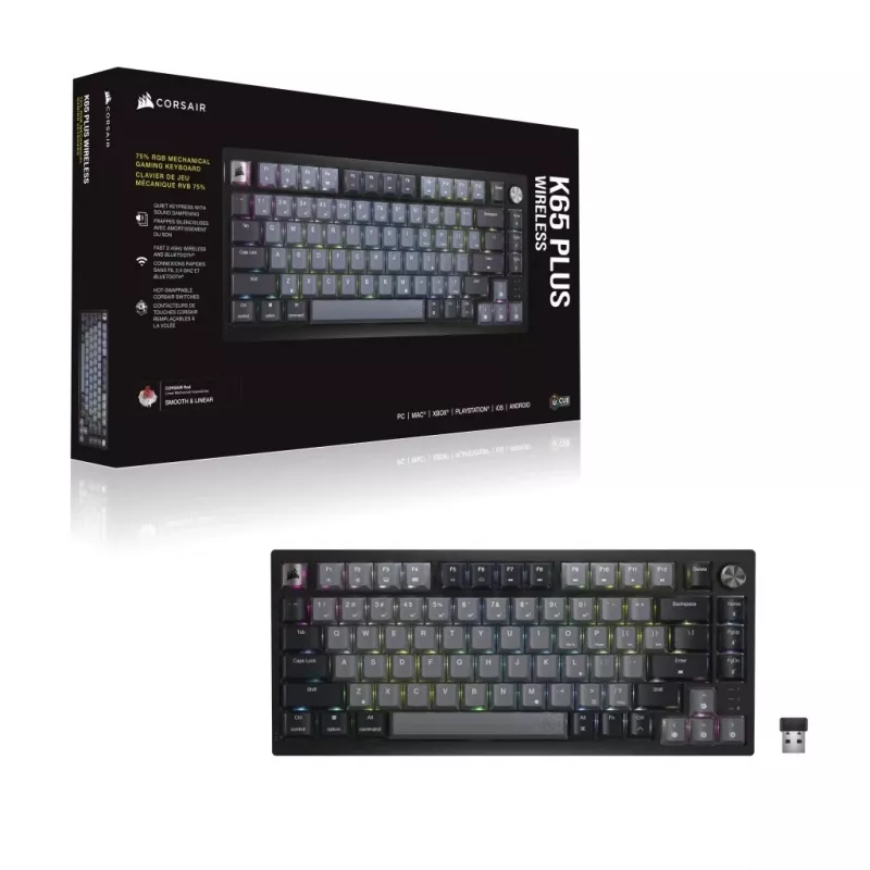 Mekaaninen pelinäppäimistö CORSAIR K65 PLUS Wireless — Nordic musta, kompakti asettelu, USB Type-A