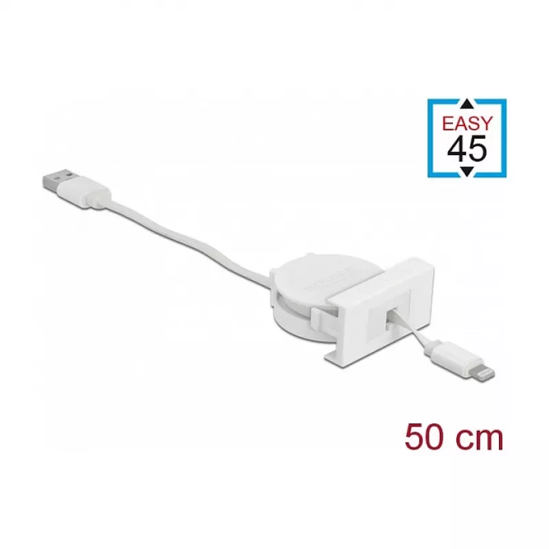 Kaapeli DeLOCK Easy 45 -moduuli USB 2.0 sisäänvedettävä kaapeli USB Type-A 8 Pin Lightning naaras valkoinen