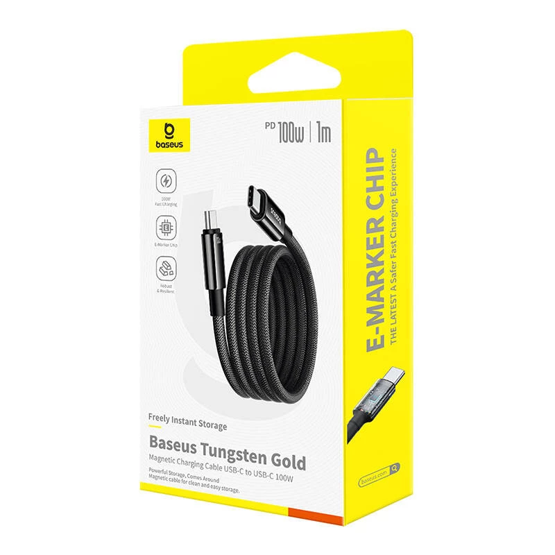 USB-C–USB-C-latauskaapeli Baseus Tungsten Gold 100W 1 m, musta, nailon