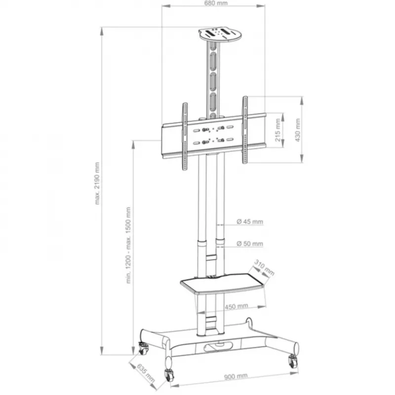 Hagor 8209 HP Twin Stand liikuteltava lattiateline 32-55 tuuman (81-140 cm) näytöille, 45 kg, korkeussäädettävä, musta