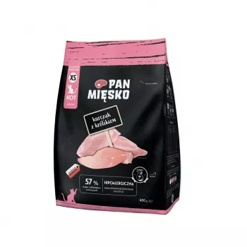Kuivaruoka kissoille Pan Miesko kana kanin kanssa XS 400 g — Junior, pieni rotu, 39 % proteiinia, 16 % rasvaa