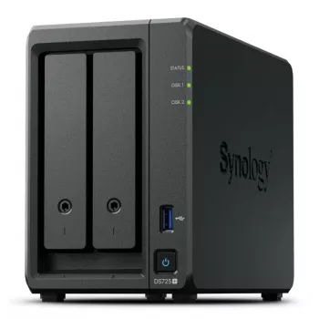 NAS Synology DiskStation DS725+ 2-Bay Ryzen R1600 4GB DDR4 ECC, 2.5GbE, 2x M.2, RAID-tuki, 0TB, musta