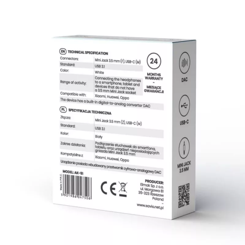USB Type 3.1 C (M) – 3,5 mm Jack (F) audioadapteri valkoinen SAVIO AK-51