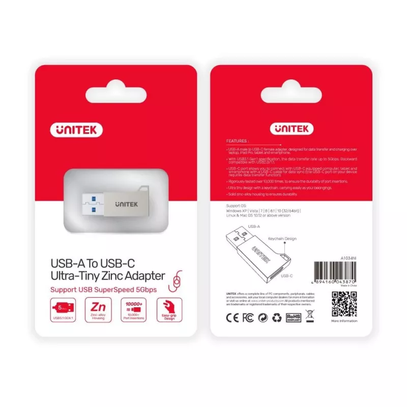 Unitek A1034NI sovitin USB-A-uros – USB-C-naaras, USB 3.1 Gen1, hopea