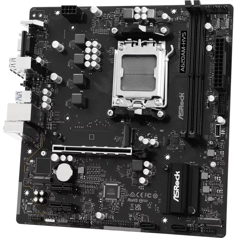 Emolevy ASRock A620AM-HVS Micro ATX — AMD A620A-piirisarja, kanta AM5, DDR5, 2 DIMM, jopa 128 GB, HDMI 2.1, M.2 2280