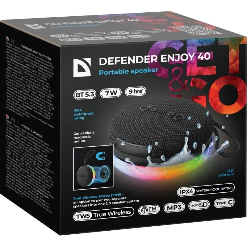 Kannettava Bluetooth-kaiutin DEFENDER ENJOY 40 — 7 W RMS, Bluetooth 5.3, LED-valaistus, LiPo-akku, 9 h, musta