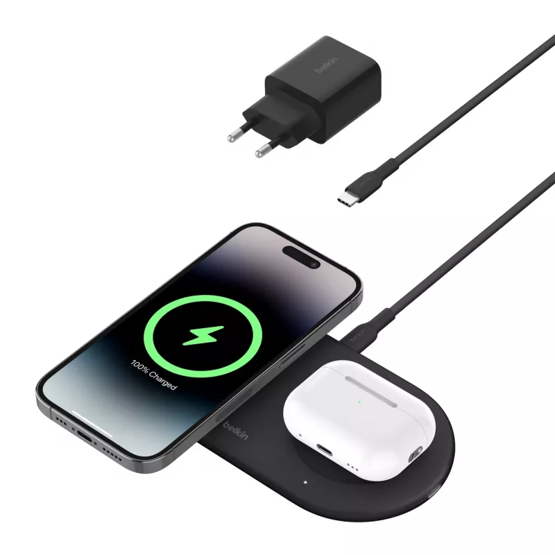 Belkin WIZ021VFBK – 2-in-1 langaton latausteline Qi2-teknologialla 15 W, musta