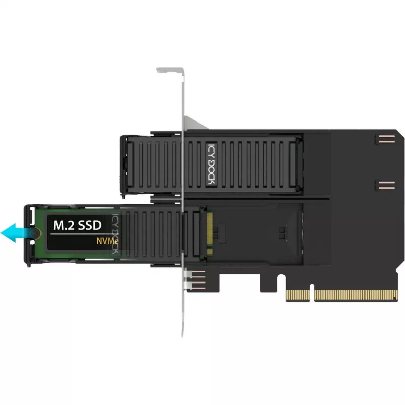 PCIe-sovitinkortti icybox MB312M4P-B — 2× M.2 NVMe PCIe 4.0 x8 -väylään (bifurkaatio)