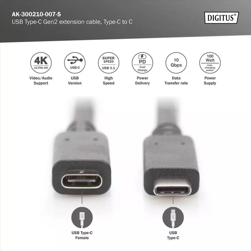 USB Type-C -jatkokaapeli Digitus AK-300210-007-S 0,7 m