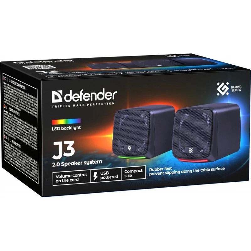 Defender J3 2.0 tietokonekaiuttimet, 6 W, LED, USB-virta, AUX, 90–20000 Hz, musta