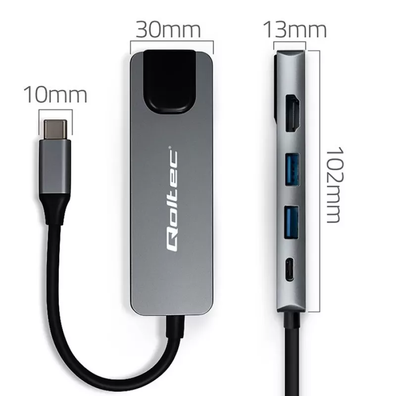 USB-C-keskitin QOLTEC 53795 5-in-1 100W PD:llä, 2×USB-A, HDMI 4K, RJ45