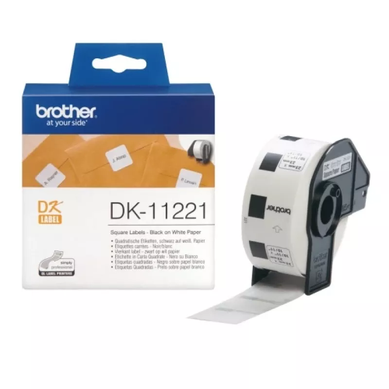 Brother DK-11221 (DK11221) tarrat, neliö, musta valkoisella, 23 mm, 1000 tarraa per rulla