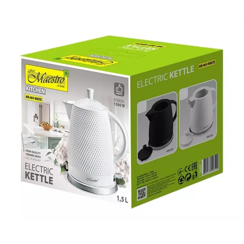 Maestro MR-069-WHITE keraaminen vedenkeitin, 1,5 L, 1500 W, valkoinen