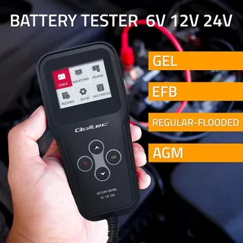 Qoltec 52489 digitaalinen akku-analysaattori testeri 3-in-1 LCD-näytöllä ja monikielinen 6V | 12V | 24V | 30Ah-200Ah