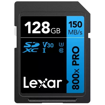 SDXC-muistikortti Lexar 128GB UHS-I 800xPRO Class 10 U3 V30 — 150 MB/s luku, 45 MB/s kirjoitus, musta