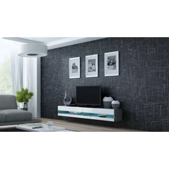 TV-teline Cama Meble VIGO NEW 30/140/40 — 1400×400×300 mm, harmaa kansi, lastulevy, harmaa runko, valkoiset korkeakiiltävät ovet