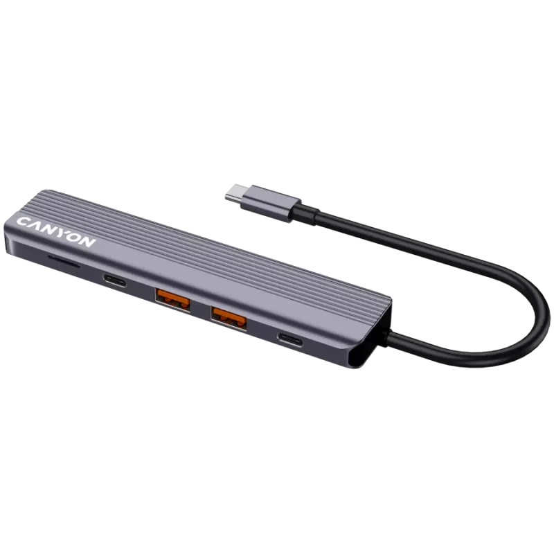 USB Type-C -keskitin CANYON DS-17 — HDMI, USB 3.2 Gen 1 A, USB-C, MicroSD, 10000 Mbit/s, harmaa