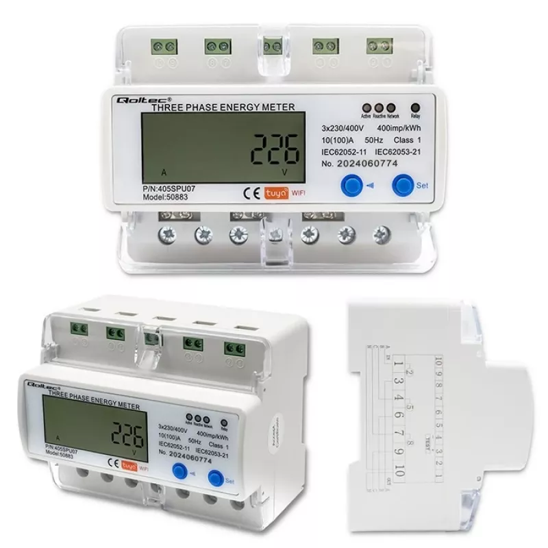 Kolmivaiheinen energiamittari QOLTEC 50883 Wi‑Fi 400V LCD-näytöllä