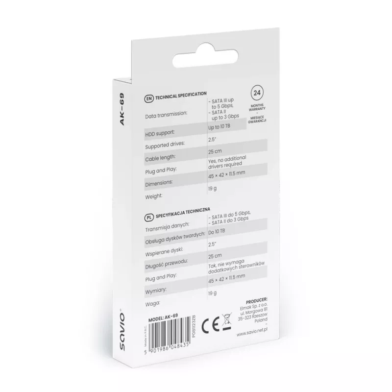 SAVIO SATA–USB-C-liitäntäkaapeli AK-69, SATA-pistorasia USB-C-pistokkeeseen, USB 3.2 Gen 1 (5 Gbit/s), 0,25 m, musta