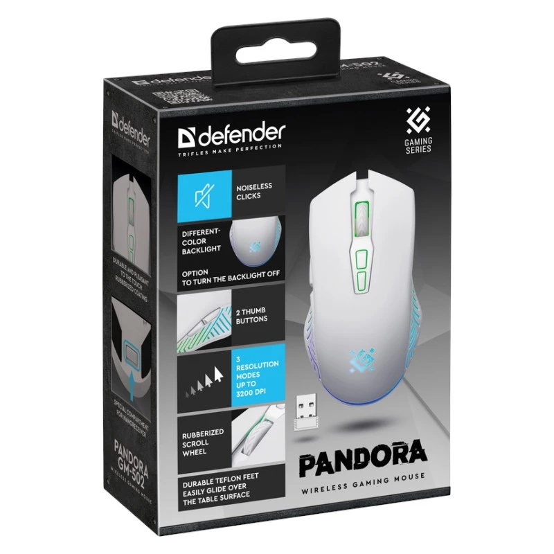 Langaton pelihiiri DEFENDER Pandora White – molempikätinen, 3200 DPI, 6 painiketta, ohjelmoitava, optinen, USB
