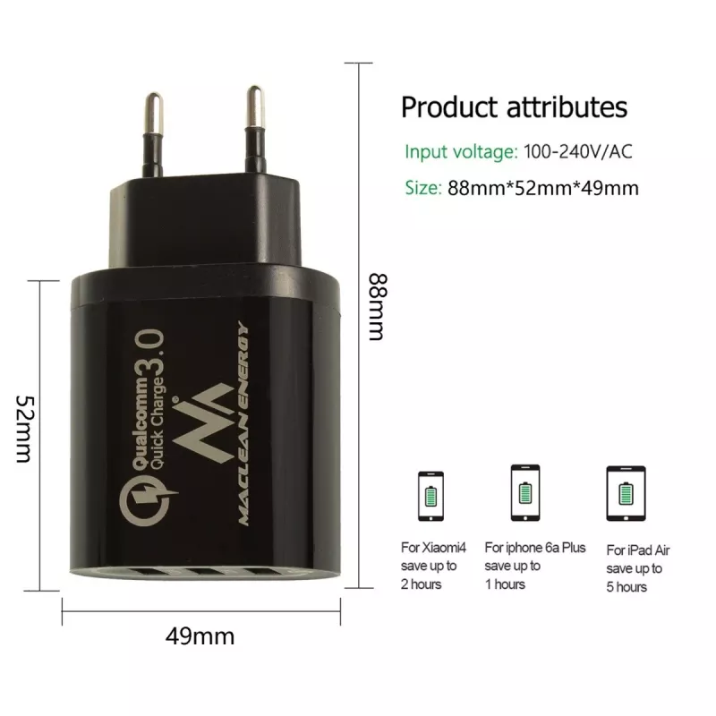 USB-seinälaturi MACLEAN MCE479B — 3x USB-liitäntää, 18W kokonaisteho, kompakti