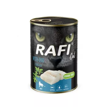 Märkäruoka kissoille Dolina Noteci Rafi turskalla, täysravinto aikuisille kissoille, tölkki 400 g, kalan makuinen