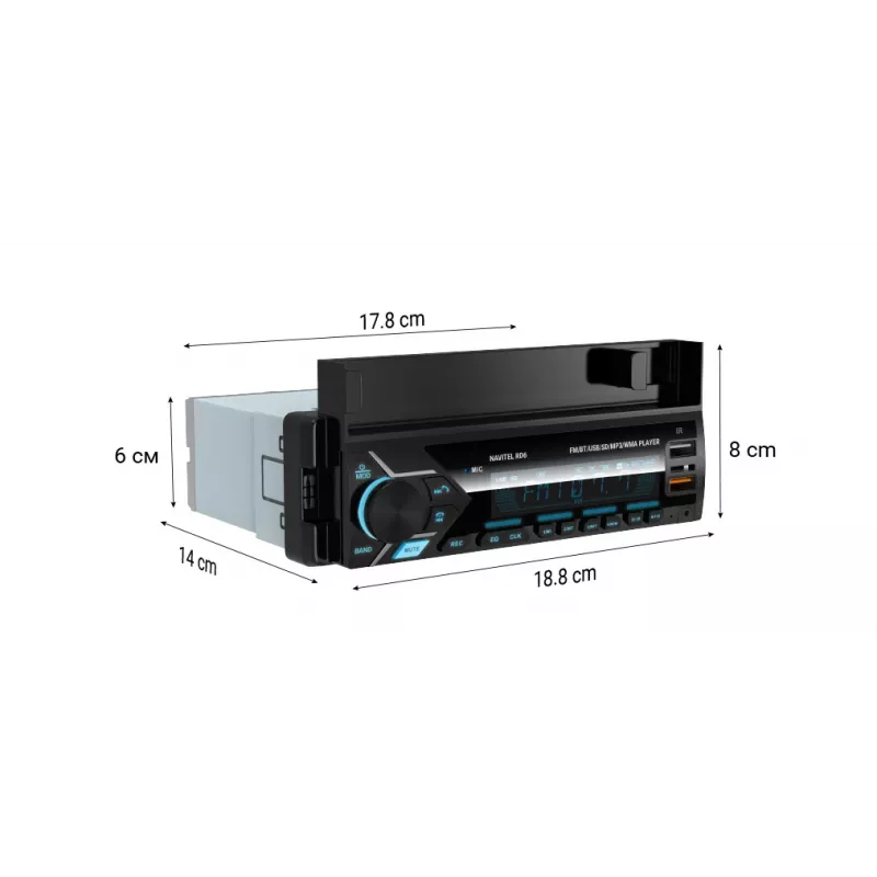 Auto-digitaalimediasoitin Navitel RD6 — 4x45 W audiosoitin, digitaalisten ja ulkoisten lähteiden toisto, Single-DIN-asennus