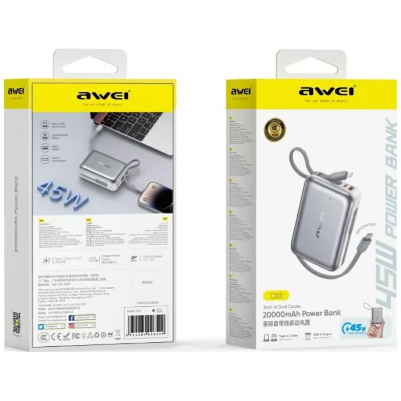 Kannettava varavirtalähde Awei C03 20000mAh 45W lähdöllä ja integroidulla USB-A/USB-C-kaapelilla