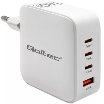 Laturi QOLTEC 51828 140W GaN 3×USB‑C PD + 1×USB‑A QC 3.0 – moniporttinen pikalaturi
