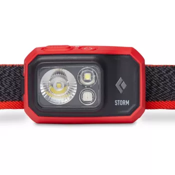 Black Diamond Storm 450 otsalamppu, jossa musta ja punainen otsapanta