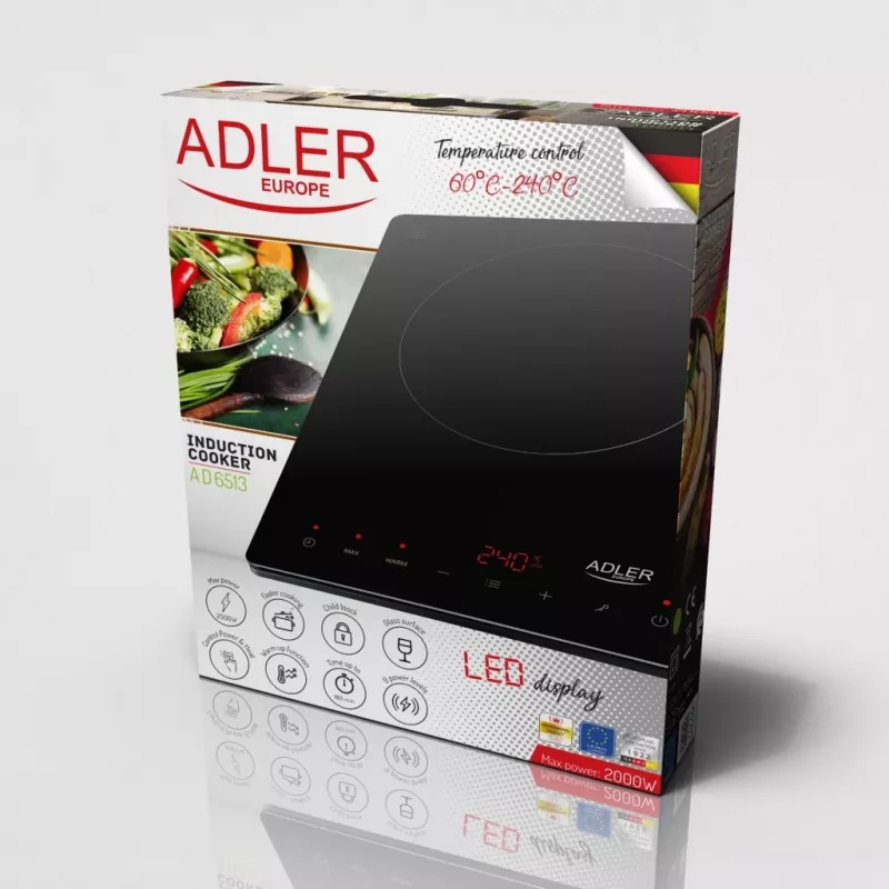 Adler AD 6513 pöytämallinen induktioliesi 29 cm, 1 keittoalue, 2000 W, musta