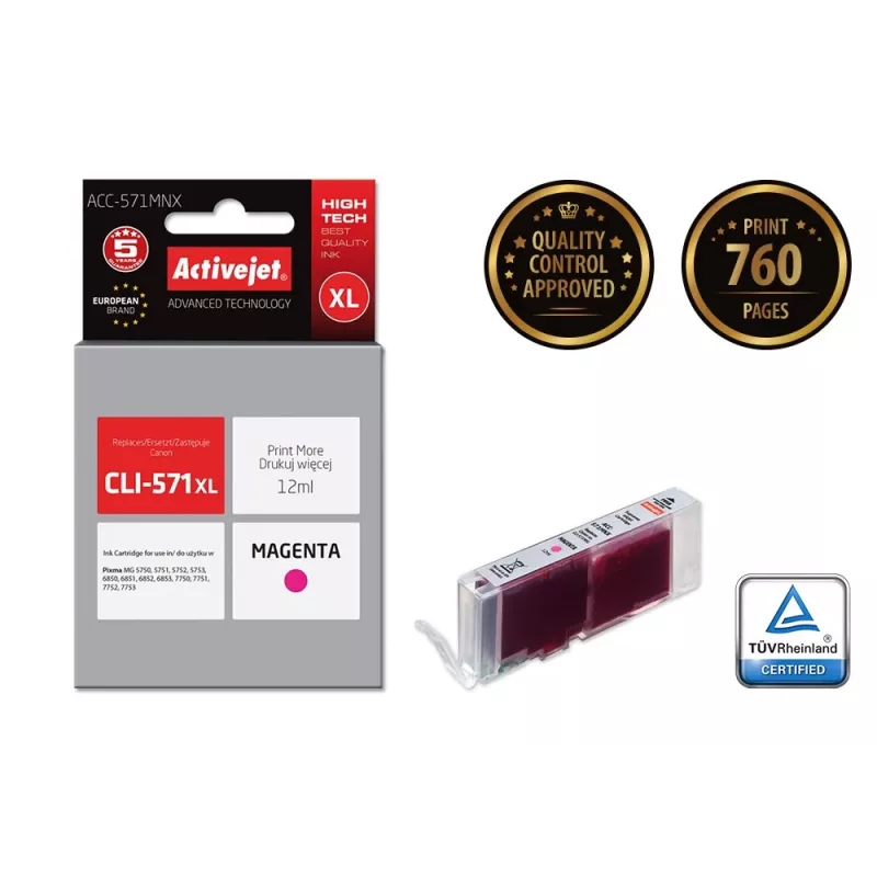 Activejet ACC-571MNX muste (Canon CLI-571XLM -yhteensopiva; Supreme; 12 ml; magenta)