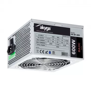 Akyga Basic AK-B1-600 ATX-virtalähde 600 W, 120 mm:n tuuletin, passiivinen PFC, harmaa