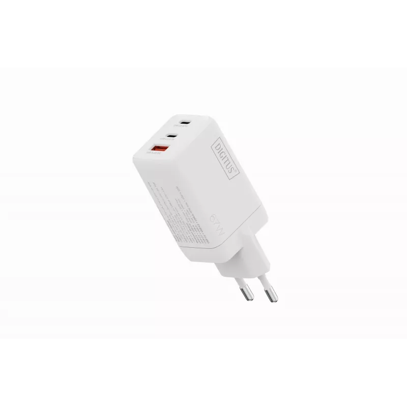 Seinä USB-laturi DIGITUS DA-10303 67W GaN, 2× USB-C + 1× USB-A, 100–240V, valkoinen