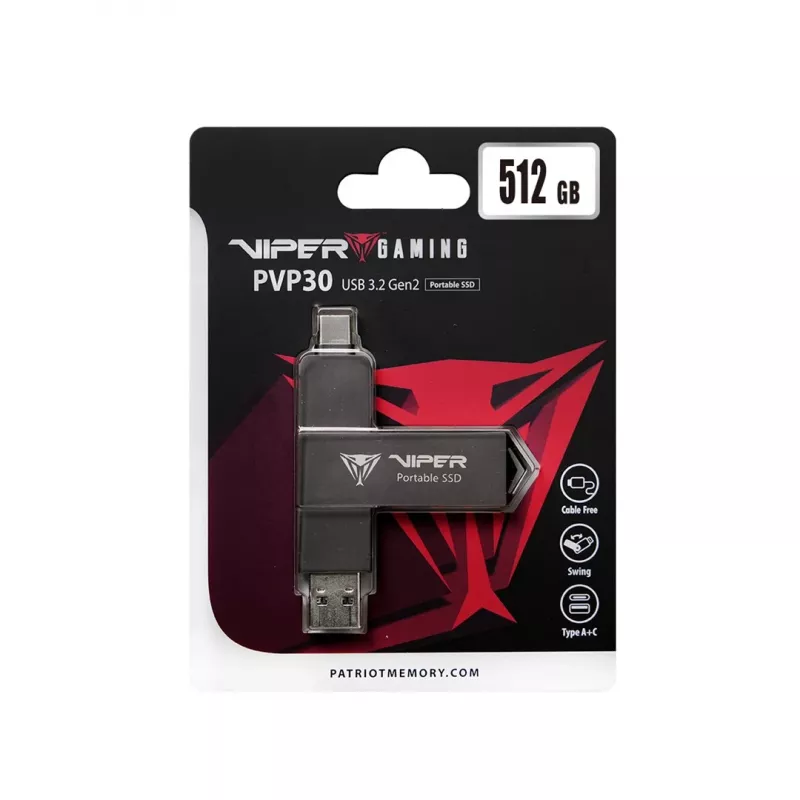 Patriot PVP30 512 GB ulkoinen SSD, Duo A+C USB 3.2 Gen2, alumiini