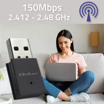 Kompakti langaton mini-USB-WLAN-sovitin QOLTEC 57007 – Single-Band 2,4 GHz, jopa 150 Mbit/s, sisäinen antenni