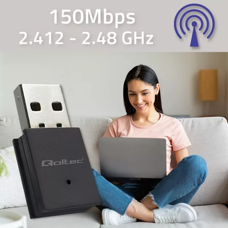 Kompakti langaton mini-USB-WLAN-sovitin QOLTEC 57007 – Single-Band 2,4 GHz, jopa 150 Mbit/s, sisäinen antenni