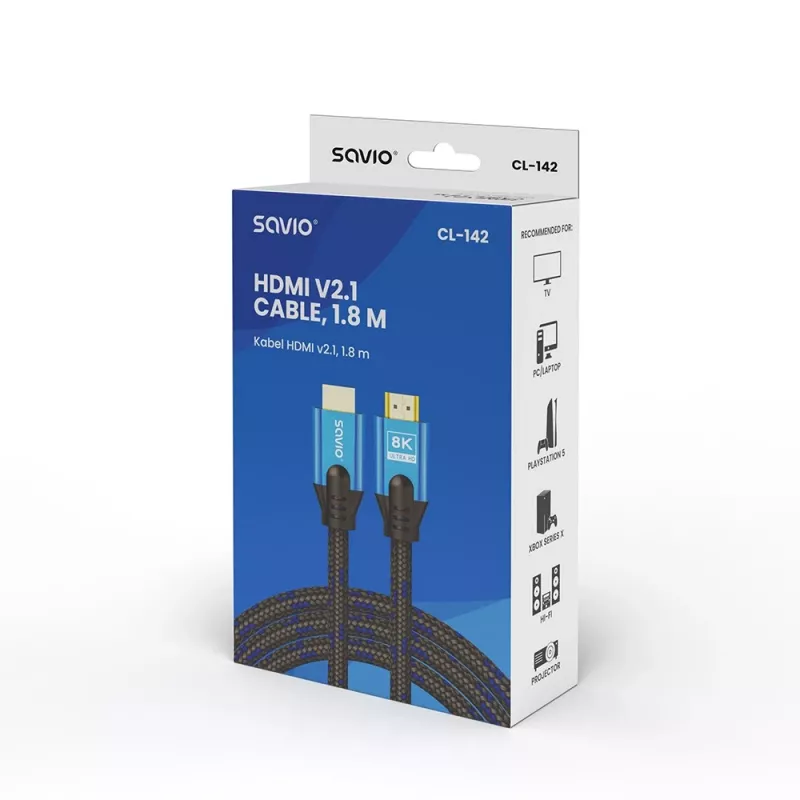 HDMI-kaapeli Savio CL-142 v2.1 1,8 m, HDMI Type-A uros–uros, kullatut liittimet, musta/sininen