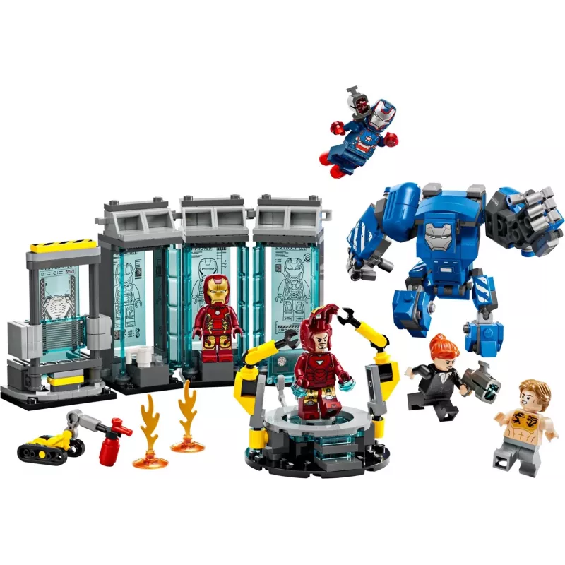 LEGO Marvel Iron Man -laboratorio ja asevarasto 76315 leikkisetti – 384 osaa, 5 minifiguuria, esittelyalue