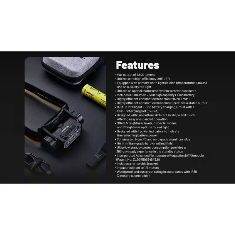 Nitecore HC70 UHE otsalamppu, 1600 lm, 6 LEDiä, IP68, USB-ladattava, alumiini, 172 g, musta