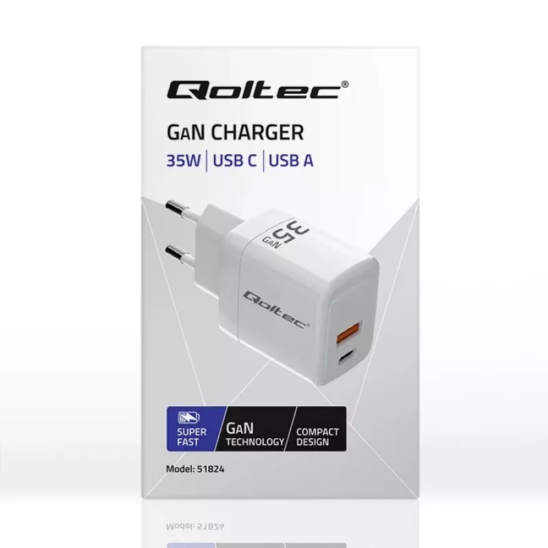 Laturi QOLTEC 51824 GaN 35W USB-C PD & USB QC 3.0, 5–20V, 1x USB-C, 1x USB-A