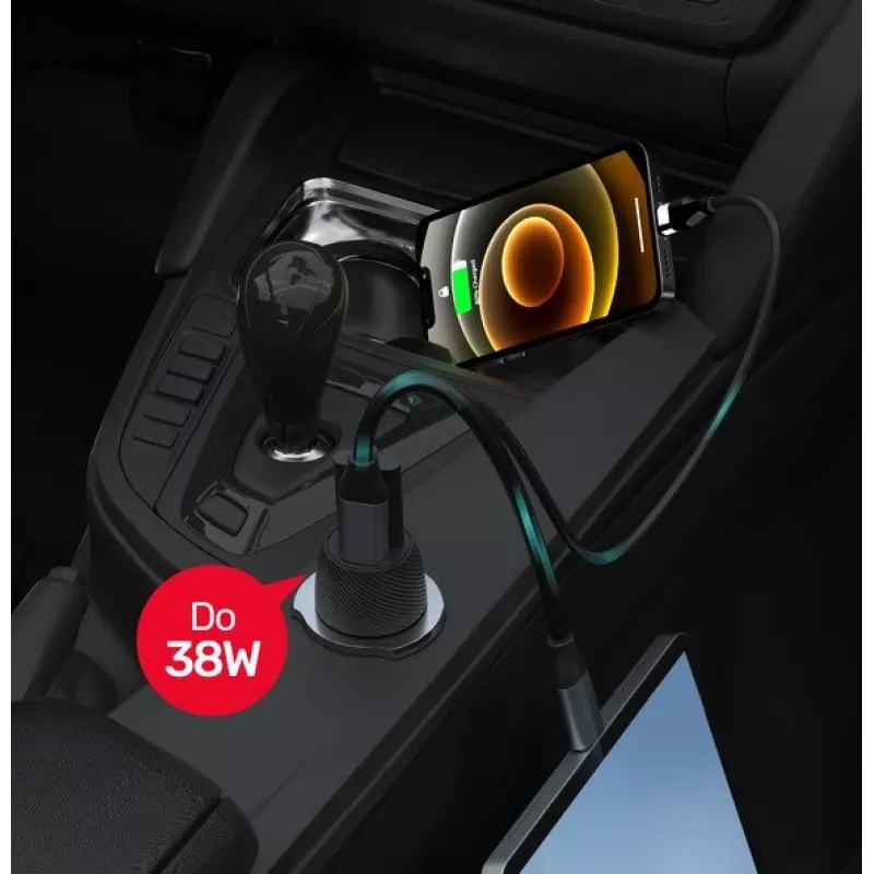 Autolaturi Unitek P1400A USB-C ja USB-A, 38W, Quick Charge 3.0, tulo 12–24V, musta