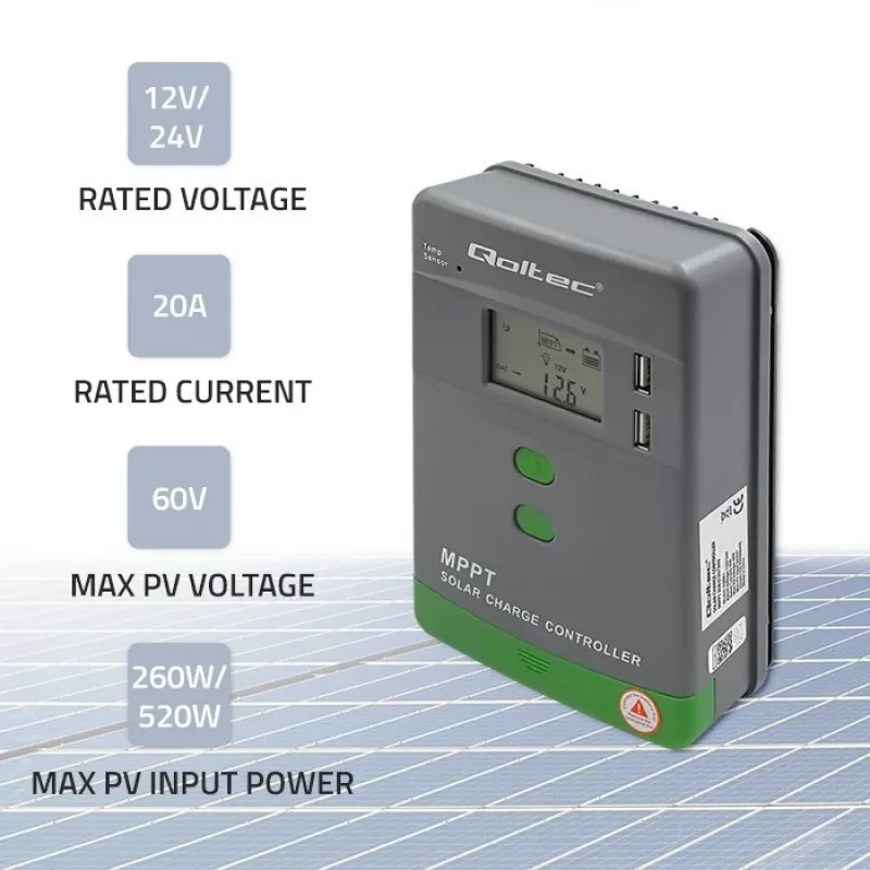 Qoltec, aurinko-MPPT-lataussäädin lämpötila-anturilla 20A 12V/24V LCD-näyttö 2 X USB