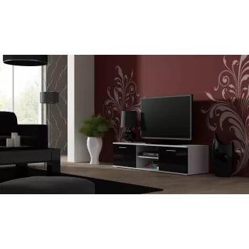 TV-taso cama meble SOHO 140 – 1400×430×370 mm, valkoinen kansi, lastulevy, valkoinen runko, mustat korkeakiiltoiset etulevyt