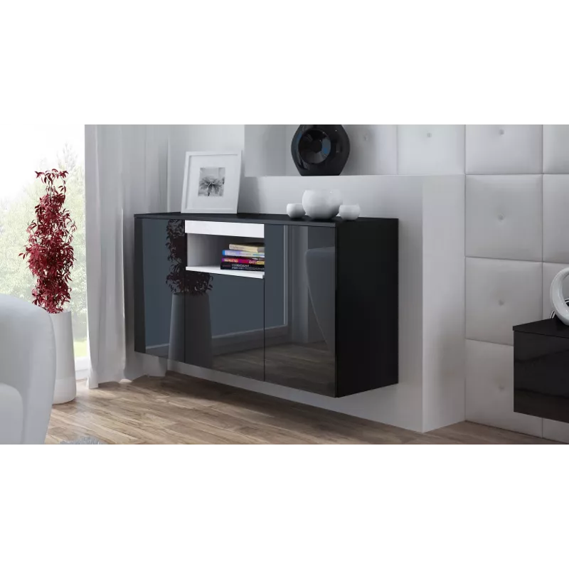 Cama Sideboard VIVA 150 musta/musta kiiltävä + valkoinen
