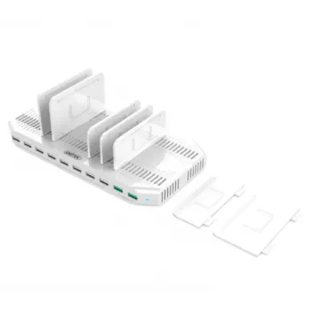 Latausasema Unitek Y-2190A — 10 USB-liitäntää (8×USB2.0 + 2×USB3.2 Gen1), langaton lataus, 96 W kokonaisteho