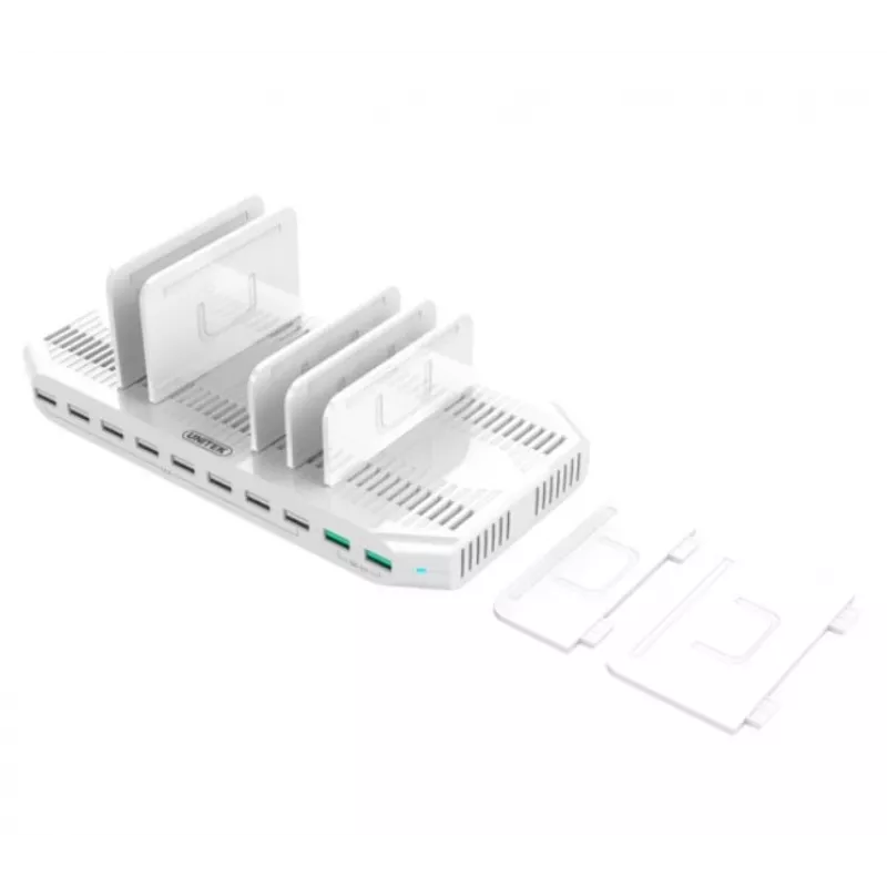 Latausasema Unitek Y-2190A — 10 USB-liitäntää (8×USB2.0 + 2×USB3.2 Gen1), langaton lataus, 96 W kokonaisteho