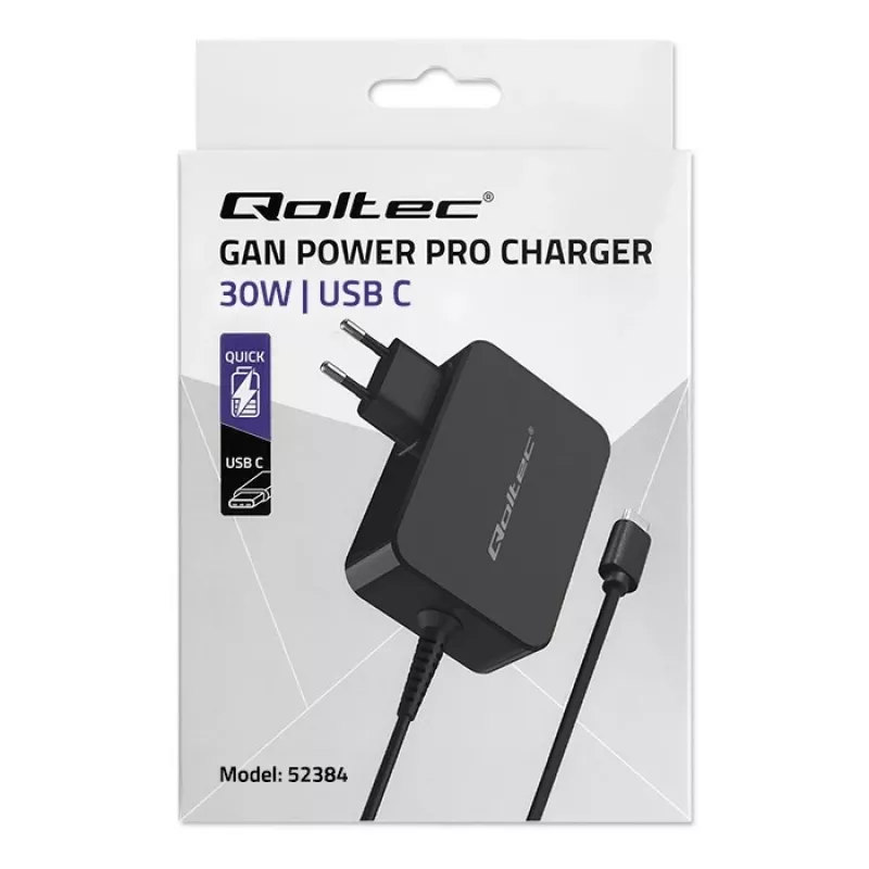 Virtalähde QOLTEC 52384 GaN 30W lähtö 5–20V USB-laturi