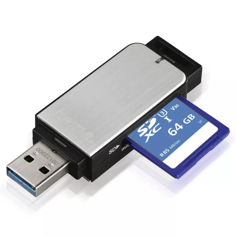 Hama 123900 USB 3.0 -muistikortinlukija SD/microSD, alumiini, musta/hopea